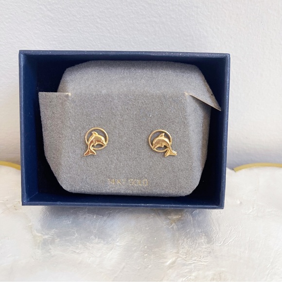 14KT Gold Jumping Dolphin Mini Stud Earrings 1/2” NEW - Picture 7 of 8